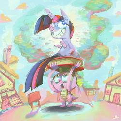 Size: 2000x2000 | Tagged: safe, artist:docwario, spike, twilight sparkle, twilight sparkle (alicorn), alicorn, dragon, pony, book, female, golden oaks library, mare, sitting