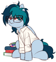 Size: 1066x1176 | Tagged: safe, artist:shinodage, oc, oc only, oc:delta vee, pegasus, pony, book, clothes, cute, female, glasses, mare, sitting, solo, tinyface, unamused, young