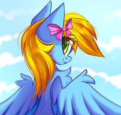 Size: 2645x2512 | Tagged: safe, artist:airiniblock, oc, oc only, pegasus, pony, bow, female, hair bow, looking back, mare, rcf community, smiling, solo