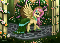 Size: 4490x3250 | Tagged: safe, artist:darksly, fluttershy, pegasus, pony, clothes, dress, female, flower, flower in hair, gala dress, mare, solo