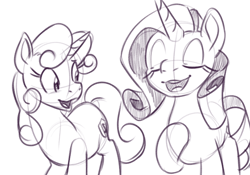 Size: 1000x700 | Tagged: safe, artist:goat train, rarity, sweetie belle, pony, unicorn, eyes closed, monochrome, older, open mouth, raised hoof, sketch