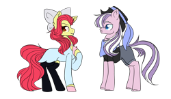 Size: 4872x2833 | Tagged: safe, alternate version, artist:bublebee123, artist:icey-wicey-1517, color edit, edit, apple bloom, diamond tiara, earth pony, pony, collaboration, alternate hairstyle, alternate universe, apple bloom's bow, bandana, black socks, bow, clothes, colored, diamondbloom, dress, female, grin, hair bow, hat, hoof polish, jewelry, lesbian, mare, necklace, older, older apple bloom, older diamond tiara, pearl necklace, raised hoof, role reversal, shipping, shirt, shorts, simple background, smiling, smug, socks, stockings, t-shirt, thigh highs, transparent background