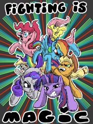 Size: 1080x1440 | Tagged: safe, artist:docwario, applejack, fluttershy, pinkie pie, rainbow dash, rarity, twilight sparkle, earth pony, pegasus, pony, unicorn, fighting is magic