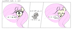 Size: 1991x827 | Tagged: safe, artist:hattsy, fluttershy, dog, pegasus, pony, blushing, bust, comic, eyes closed, open mouth, simple background, sitting, smiling, solo, speech bubble, white background