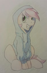 Size: 811x1238 | Tagged: safe, artist:goat train, roseluck, pony, clothes, commission, hoodie, sitting, smiling, solo, traditional art