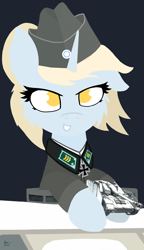 Size: 1800x3124 | Tagged: safe, artist:kotwitz, oc, oc only, oc:aria taitava, pony, unicorn, absurd resolution, blonde, cheek fluff, clothes, female, finland, floppy ears, fluffy, hat, iron cross, makeup, mare, signature, simple background, solo, stug iii, sturmgeschütz, tank (vehicle), uniform, world war ii