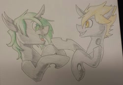 Size: 1280x889 | Tagged: safe, artist:goat train, oc, oc only, changeling, changeling oc, commission, grin, open mouth, smiling, traditional art