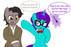 Size: 2299x1522 | Tagged: safe, artist:digiqrow, oc, oc:aqua splash, pony, belly button, bowtie, eleventh doctor, glasses, levitation, magic, ponified, simple background, speech bubble, telekinesis, transparent background, vector