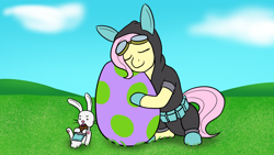 Size: 1280x720 | Tagged: safe, artist:mkogwheel, angel bunny, fluttershy, pegasus, pony, bunny ears, chocolate, clothes, costume, dangerous mission outfit, easter, easter egg, female, food, goggles, hoodie, hug, mare, smiling