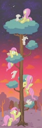 Size: 700x2100 | Tagged: safe, artist:docwario, angel bunny, fluttershy, pegasus, pony, duo, female, mare, night, pet, sitting, sitting in a tree, stars, tree