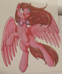 Size: 1055x1256 | Tagged: safe, artist:goat train, artist:sugaryviolet, oc, oc only, pegasus, pony, commission, flying, goggles, open mouth, solo, traditional art, windswept mane