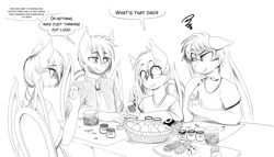 Size: 2100x1200 | Tagged: safe, artist:replica, oc, oc only, oc:nectarine wynne, oc:nightseeker, oc:nolegs, oc:vigil, anthro, bat pony, anthro oc, chair, dialogue, easter, easter egg, family, female, grayscale, lampshade hanging, licking, licking lips, lineart, loss (meme), male, mare, monochrome, painting, raised eyebrow, sitting, sketch, smiling, speech bubble, stallion, table, tongue out, wygil