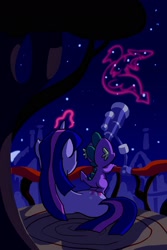 Size: 1200x1800 | Tagged: safe, artist:docwario, spike, twilight sparkle, dragon, unicorn, constellation, duo, female, glowing horn, magic, male, mare, request, stargazing, story in the source, telescope