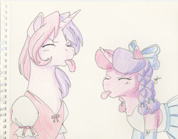 Size: 1990x1552 | Tagged: safe, artist:goat train, oc, oc only, oc:gloomy, oc:marker pony, pony, unicorn, 4chan, babscon, bow, clothes, dress, duo, tongue out, traditional art