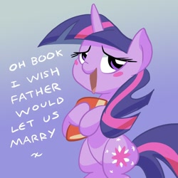 Size: 1200x1200 | Tagged: safe, artist:docwario, twilight sparkle, pony, unicorn, bibliophile, bipedal, blush sticker, blushing, book, cargo ship, dialogue, shipping, solo, that pony sure does love books, twibook