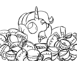 Size: 1000x800 | Tagged: safe, artist:mkogwheel, starlight glimmer, pony, unicorn, all bottled up, asphyxiation, cinnamon nuts, cup, drowning, female, food, monochrome, sketch, solo, teacup