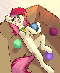 Size: 2900x3500 | Tagged: safe, artist:chibadeer, roseluck, earth pony, pony, behaving like a cat, box, collar, cute, fluffy, on back, pet tag, pony in a box, pony pet, rosepet, solo, yarn, yarn ball