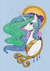 Size: 886x1249 | Tagged: source needed, useless source url, safe, artist:longinius, color edit, edit, princess celestia, alicorn, pony, blue background, blushing, colored, cute, cutelestia, female, flower, flower in hair, halo, mare, simple background, solo