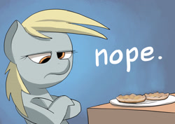 Size: 2262x1600 | Tagged: safe, artist:docwario, derpy hooves, pegasus, pony, english muffin, female, mare, muffin, nope, not a muffin, solo, unamused