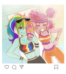 Size: 884x987 | Tagged: safe, artist:5mmumm5, pinkie pie, rainbow dash, equestria girls, armpits, belly button, clothes, duo, eyes closed, leggings, midriff, mirror selfie, pants, ponytail, scrunchie, selfie, sleeveless, smiling, sports bra, sunglasses, sweatband, sweatpants, underwear, workout outfit