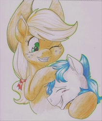 Size: 2405x2856 | Tagged: safe, artist:goat train, artist:sugaryviolet, applejack, oc, oc:constance everheart, earth pony, pony, blushing, canon x oc, cute, everjack, female, male, noogie, shipping, straight, traditional art