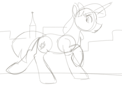 Size: 1000x700 | Tagged: safe, artist:goat train, twilight sparkle, pony, city, giant pony, macro, monochrome, sketch, solo