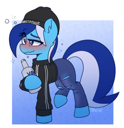 Size: 1182x1217 | Tagged: safe, artist:puetsua, oc, oc:brushie brusha, earth pony, addipone, adidas, alcohol, blue background, blue eyes, blue mane, blushing, bottle, bubble, clothes, drink, drunk, ear fluff, ears, earth pony oc, fluffy, full body, hat, jeans, pants, simple background, sweat, tail, vodka