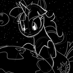 Size: 700x700 | Tagged: safe, artist:goat train, twilight sparkle, pony, black and white, earth, grayscale, macro, monochrome, moon, pony bigger than a planet, sketch, solo, stars