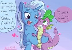 Size: 1000x700 | Tagged: safe, artist:goat train, spike, trixie, dragon, pony, blushing, commission, dialogue, do not want, female, fetish, gradient background, heart, imminent sex, kiss mark, kissing, lipstick, lipstick fetish, male, older, shipping, size difference, smaller male, spikelove, spixie, straight