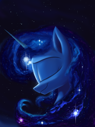 Size: 3000x4000 | Tagged: safe, alternate version, artist:rocket-lawnchair, princess luna, alicorn, pony, ethereal mane, eyes closed, female, high res, mare, profile, smiling, solo, space, starry mane, stars