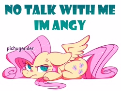 Size: 3926x2944 | Tagged: safe, artist:pichugender, fluttershy, pegasus, pony, angry, cute, dialogue, high res, intentional spelling error, lying down, madorable, meme, prone, shyabetes, simple background, solo, text, white background
