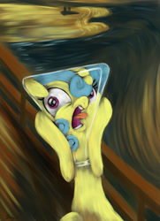 Size: 3250x4500 | Tagged: safe, artist:darksly, lemon hearts, pony, unicorn, amending fences, cartoon physics, erlenmeyer flask, featured image, fine art parody, flaskhead hearts, high res, open mouth, solo, the scream