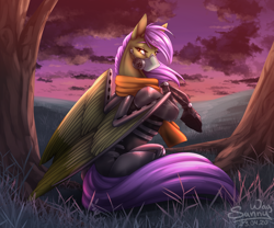 Size: 1200x1000 | Tagged: safe, artist:sunny way, oc, oc:semantic texture, cyborg, pegasus, pony, augmented, cloud, cloudy, cute, feather, female, grass, hoof hold, looking at you, mare, patreon, patreon reward, pegasus oc, sitting, sky, solo, sunset, tree, wings