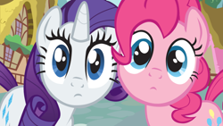 Size: 900x506 | Tagged: safe, artist:shelltoon, screencap, pinkie pie, rarity, earth pony, pony, unicorn, fourth wall, fourth wall ponies, looking at you, stare