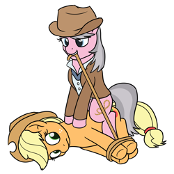 Size: 1280x1280 | Tagged: safe, artist:mkogwheel, applejack, wrangler, earth pony, pony, fluttershy leans in, applegler, bondage, female, hogtied, lasso, lesbian, mouth hold, rope, shipping, skunk stripe, that was fast