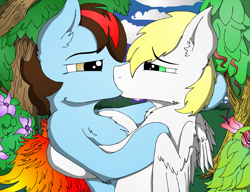 Size: 2396x1836 | Tagged: safe, artist:konigbouncer, oc, oc only, oc:angel rose, oc:fiopon, pony, garden, gay, hug, kissing, male