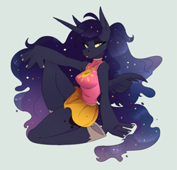 Size: 2251x2163 | Tagged: safe, artist:1an1, princess luna, alicorn, anthro, unguligrade anthro, anatomically incorrect, armpits, breasts, clothes, dress, ethereal mane, female, high res, incorrect leg anatomy, mare, simple background, sitting, solo, starry mane, tongue out, white background