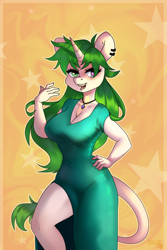 Size: 2000x3000 | Tagged: safe, artist:sugarstar, oc, oc only, oc:sugarstar, anthro, unicorn, bedroom eyes, big breasts, breasts, clothes, curvy, dress, ear piercing, earring, fangs, female, hand on hip, heterochromia, horn, jewelry, leonine tail, looking at you, mare, necklace, one leg raised, open mouth, piercing, rcf community, simple background, smiling, solo, standing