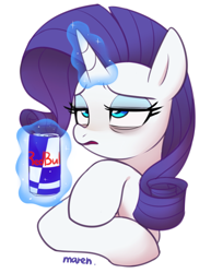 Size: 1641x2123 | Tagged: safe, artist:maren, rarity, pony, unicorn, bags under eyes, bust, energy drink, female, glowing horn, horn, levitation, magic, magic aura, mare, red bull, simple background, solo, telekinesis, tired, white background