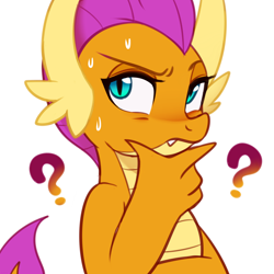 Size: 2800x2800 | Tagged: safe, artist:maren, smolder, dragon, dragoness, emoji, female, holding chin, question mark, solo, sweat, thinking, thinking emoji