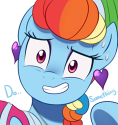 Size: 880x931 | Tagged: safe, artist:maren, rainbow dash, pegasus, pony, sparkle's seven, adorable distress, alternate hairstyle, cute, ear piercing, earring, eyeliner, female, gritted teeth, jewelry, looking at you, makeup, mare, megaradash, piercing, scene interpretation, simple background, solo, sweat, talking to viewer, uh oh, white background