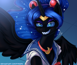 Size: 700x594 | Tagged: safe, artist:pyropk, nightmare moon, alicorn, pony, unicorn, canines, challenge, clothes, cosplay, costume, fangs, female, mare, sailor moon, sailor moon redraw meme, sailor uniform, serena tsukino, sharp teeth, smiling, solo, teeth, tsukino usagi, uniform, wings