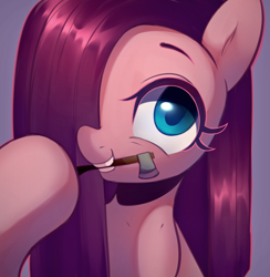 Size: 2441x2500 | Tagged: safe, artist:maren, pinkie pie, earth pony, pony, axe, bust, color outline, female, hair over one eye, mare, mouth hold, pinkamena diane pie, purple background, simple background, smiling, weapon