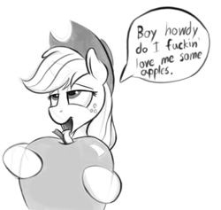 Size: 700x664 | Tagged: safe, artist:graboiidz, applejack, earth pony, pony, apple, bedroom eyes, dialogue, food, giant apple, grayscale, licking, monochrome, simple background, sketch, solo, that pony sure does love apples, tongue out, vulgar, white background
