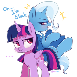 Size: 2000x2000 | Tagged: safe, artist:maren, trixie, twilight sparkle, twilight sparkle (alicorn), alicorn, pony, unicorn, ..., annoyed, dialogue, duo, duo female, female, inconvenient trixie, lidded eyes, looking back, open mouth, simple background, stuck, white background