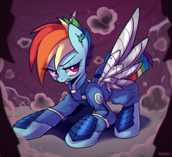 Size: 1000x910 | Tagged: safe, artist:maren, rainbow dash, pegasus, pony, the cutie re-mark, alternate timeline, apocalypse dash, armor, augmented, crystal war timeline, frown, gritted teeth, lidded eyes, military uniform, prosthetic limb, prosthetic wing, prosthetics, scar, solo, spread wings, torn ear, wings