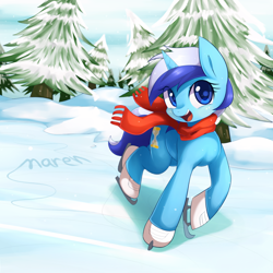 Size: 1200x1200 | Tagged: safe, artist:maren, minuette, pony, unicorn, clothes, cute, ice skates, ice skating, looking at you, minubetes, open mouth, scarf, smiling, snow, solo, tree, winter