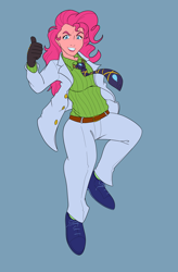 Size: 3450x5250 | Tagged: safe, alternate version, artist:goat train, pinkie pie, equestria girls, absurd resolution, clothes, cosplay, costume, gloves, grin, jojo's bizarre adventure, killer queen, simple background, smiling, solo, thumbs up, yoshikage kira
