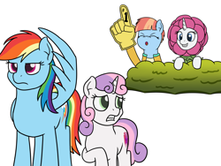 Size: 1280x960 | Tagged: safe, artist:mkogwheel, rainbow dash, rarity, sweetie belle, windy whistles, pegasus, pony, unicorn, forever filly, parental glideance, embarrassed, flowerity, wing hands