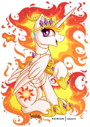 Size: 1600x2263 | Tagged: safe, artist:julunis14, nightmare star, alicorn, fire, jewelry, regalia, simple background, smiling, solo, transparent background